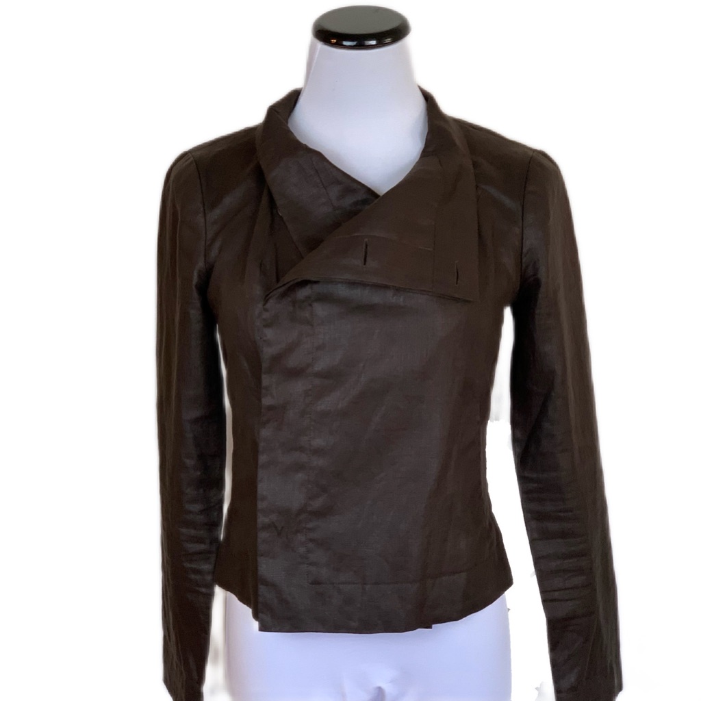 Magaschoni Sz 2/Xs Petites Dark Brown Double Breast Waxeed Linen Blazer Jacket